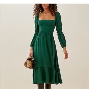 Reformation Smocked Ruffle Midi Dress – Emerald Green – Size 4